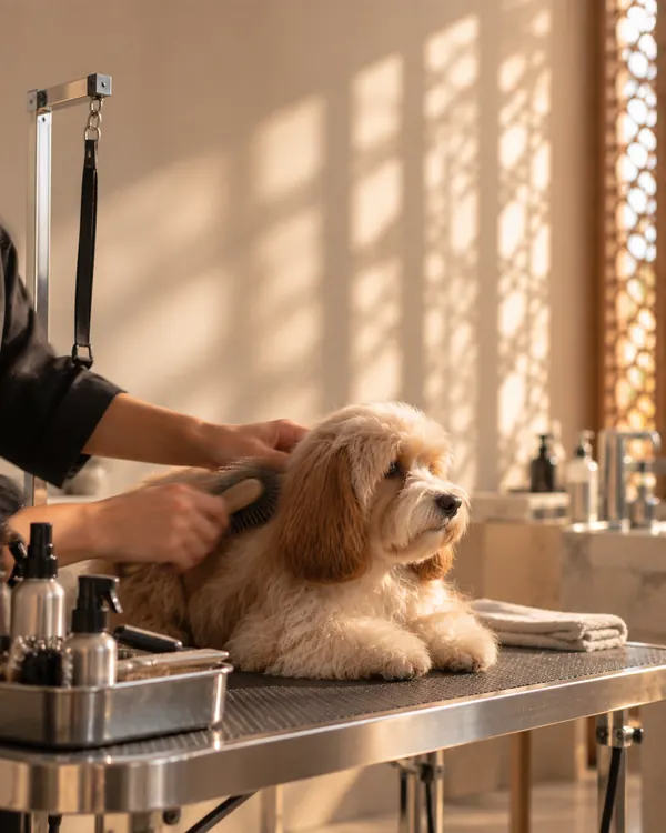 A groomer brushing a calm, curly dog on a grooming table.