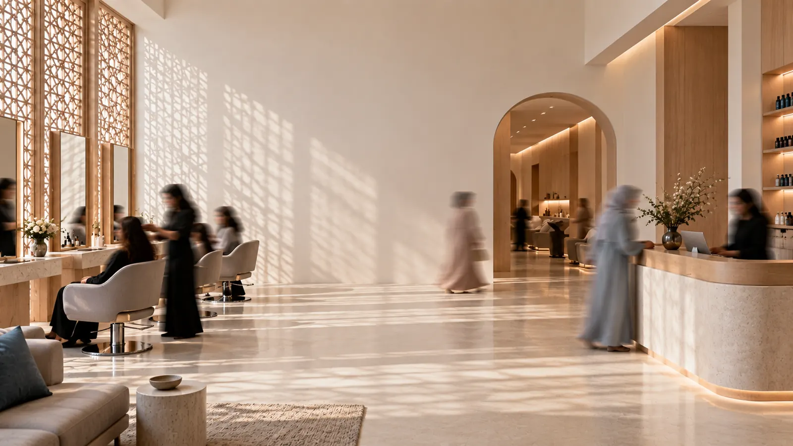 A busy salon floor: stylists at work and a client checking in at the front desk, sunlight through a lattice screen.