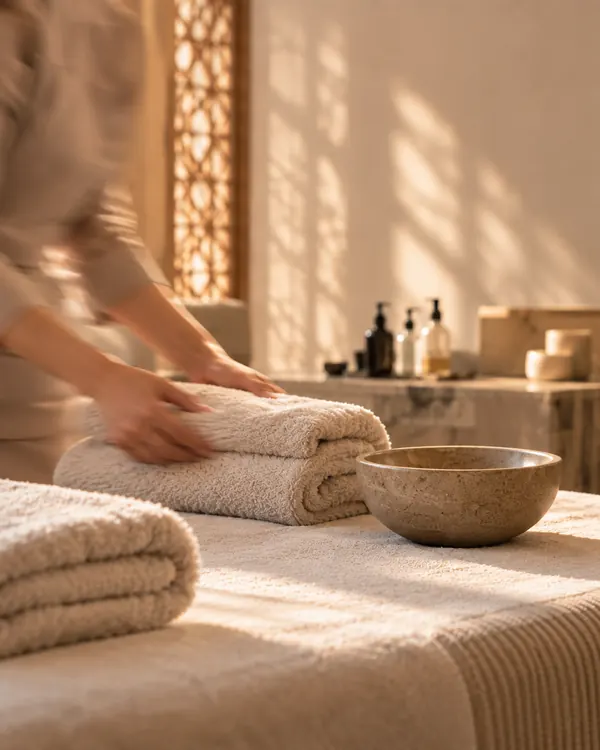 A therapist folding warm towels on a massage bed beside a stone bowl.